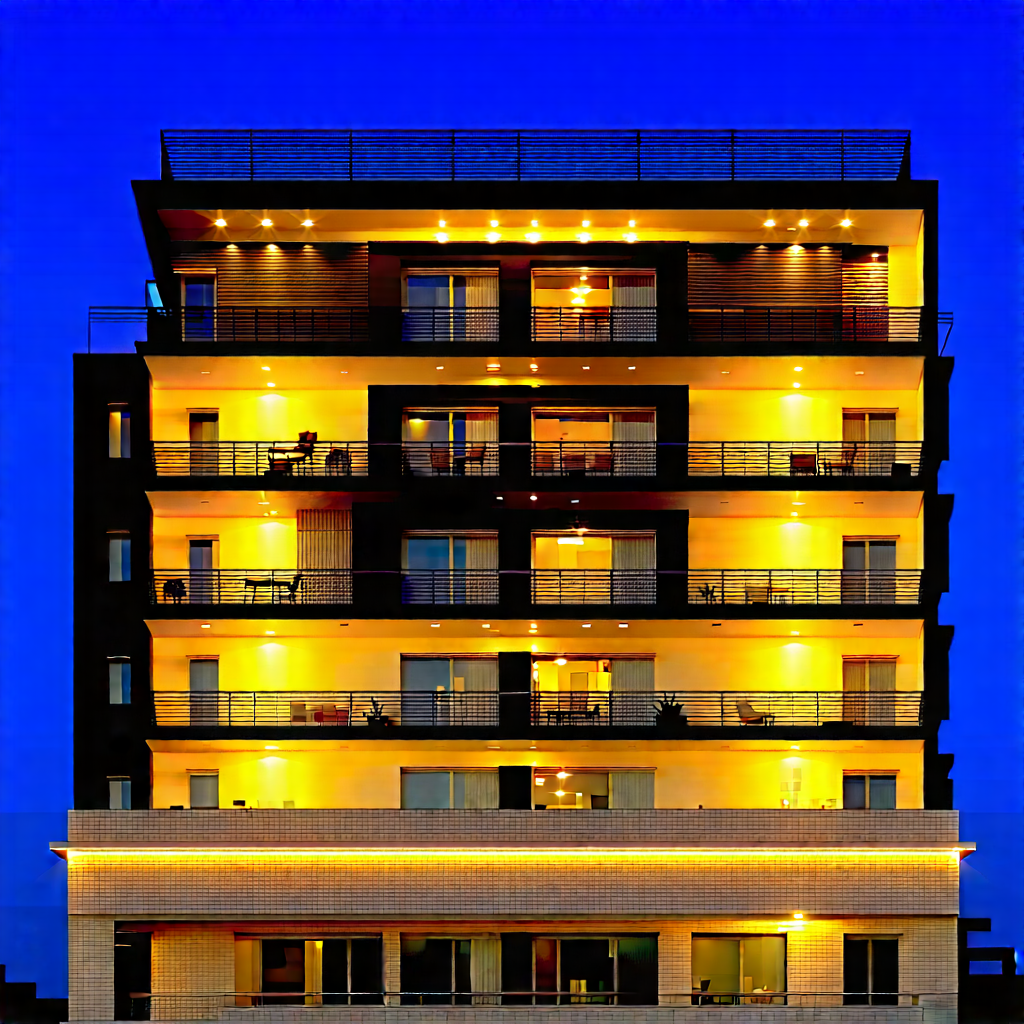 Urban Professional Photography: Modern Apartment Complex With (dramatic:1.17) Lighting With Tall, Multi-story