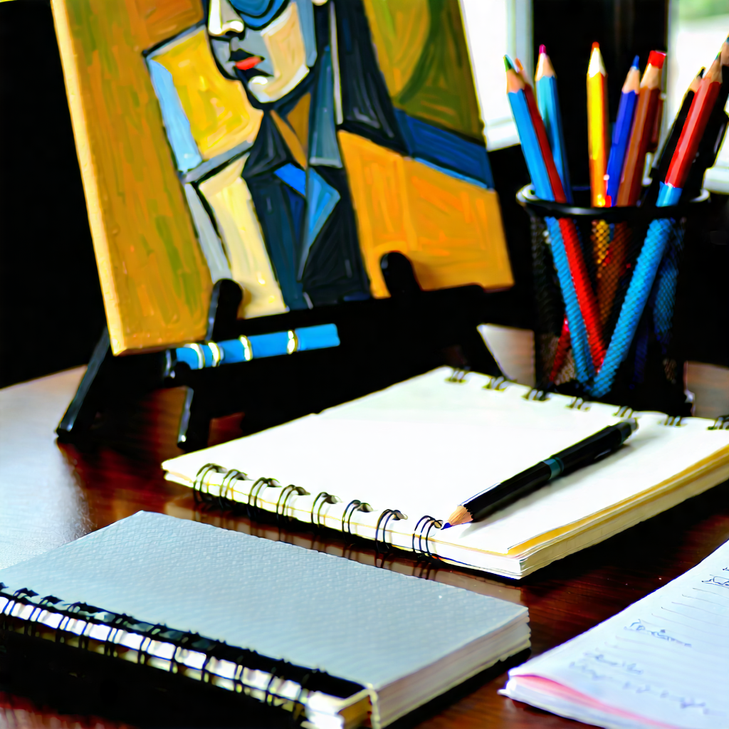 Business Oil Painting: Workplace with notebooks and pens on desk