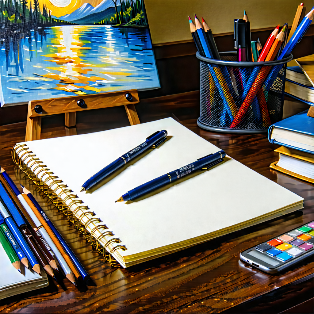 Business Oil Painting: Workplace With Notebooks And Pens On Desk With Wooden Desk