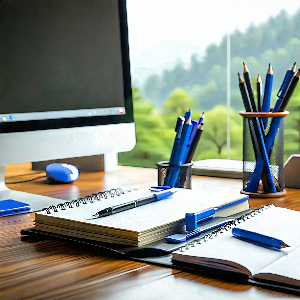 Business Landscape Photography: Workplace with notebooks and pens on desk