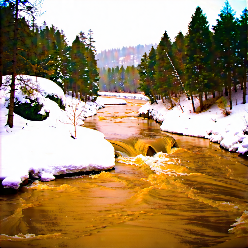 Nature Vector Art: Rushing River Surrounded By (snow:1.13)-covered (trees:1.24) With River Waterfall,