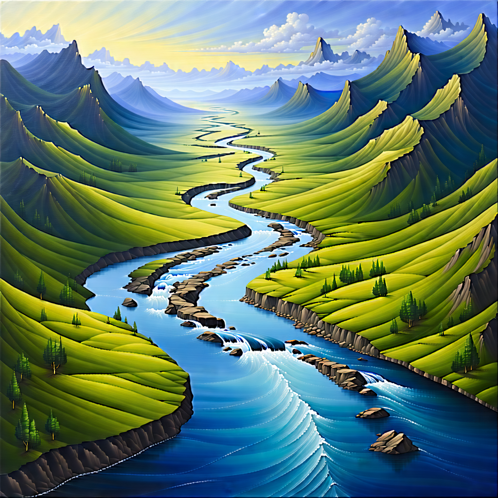 Nature Acrylic Painting: Aerial View Of Winding River With Beautiful Landscape