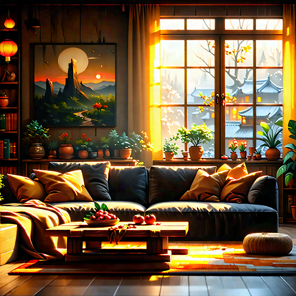 Lifestyle Oil Painting: Cozy Living Room With Warm Lighting With Beautifully Drawn