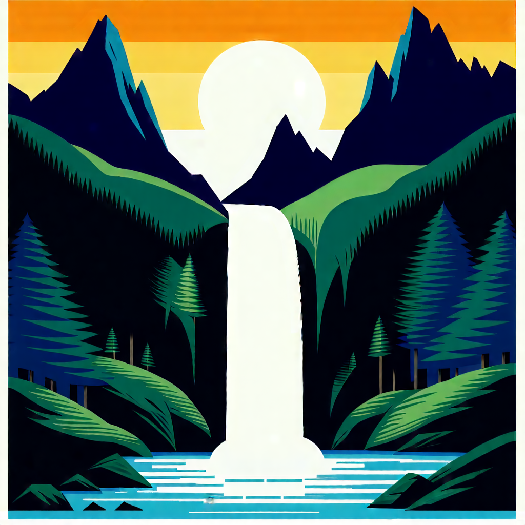 Nature Linocut Print: Waterfall pool surrounded by mountain peaks