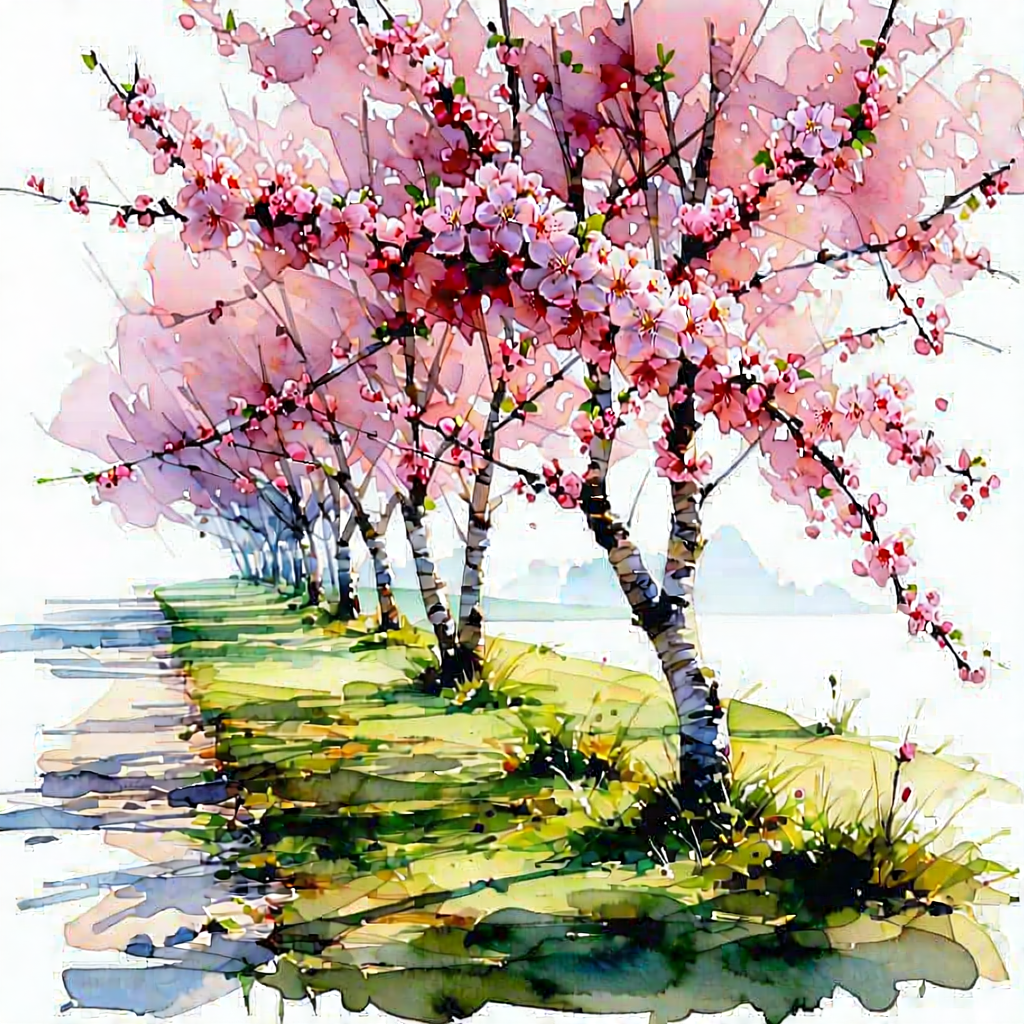 Nature Watercolor Painting: Cherry Blossoms In Sunlit Clearing With Beautiful Tree