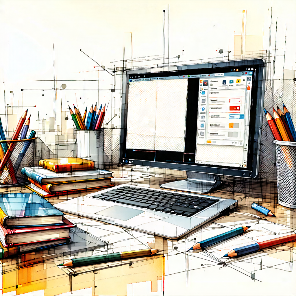 Tech Ink Drawing: Educational Technology In Tech Office With Computer Desk