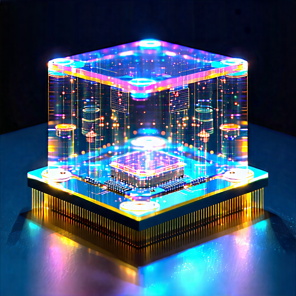 Tech Commercial Photography: Quantum Computer With Holographic Projection With Small, Colorful,