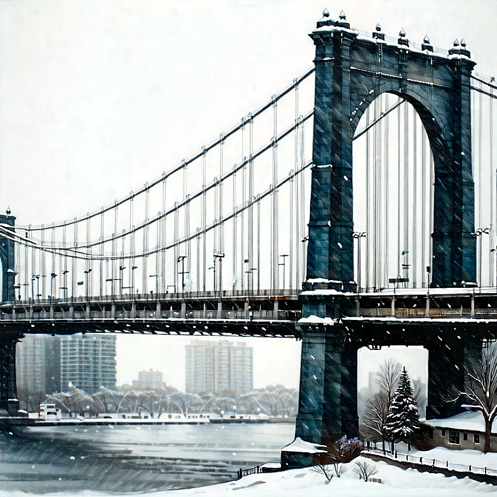 Urban Charcoal Drawing: Iconic Bridge With (snow:1.2) Covering With Large Bridge