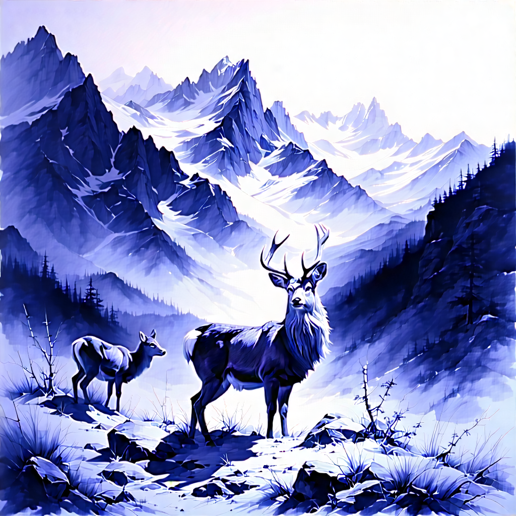 Nature Charcoal Drawing: Deer In Mountain Terrain With Image, There