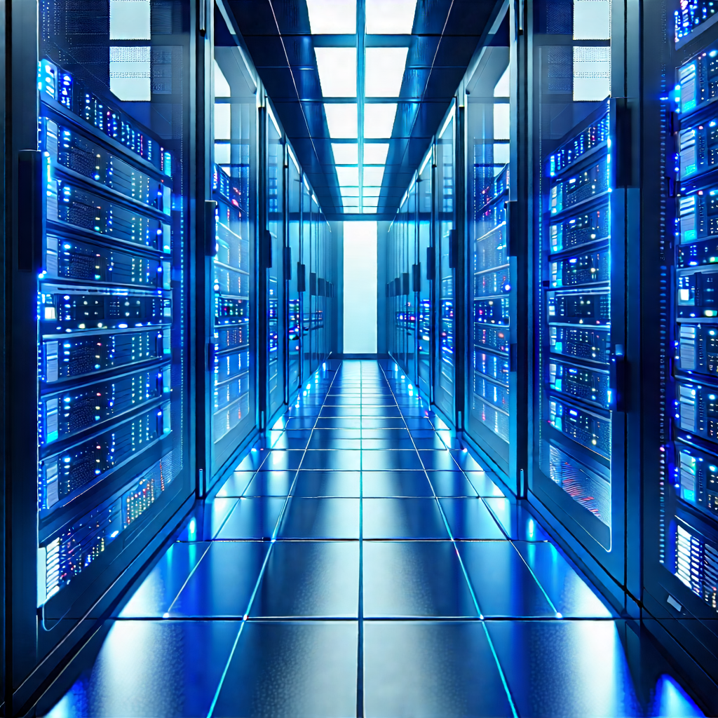 Tech Digital Illustration: Server rack with holographic projection