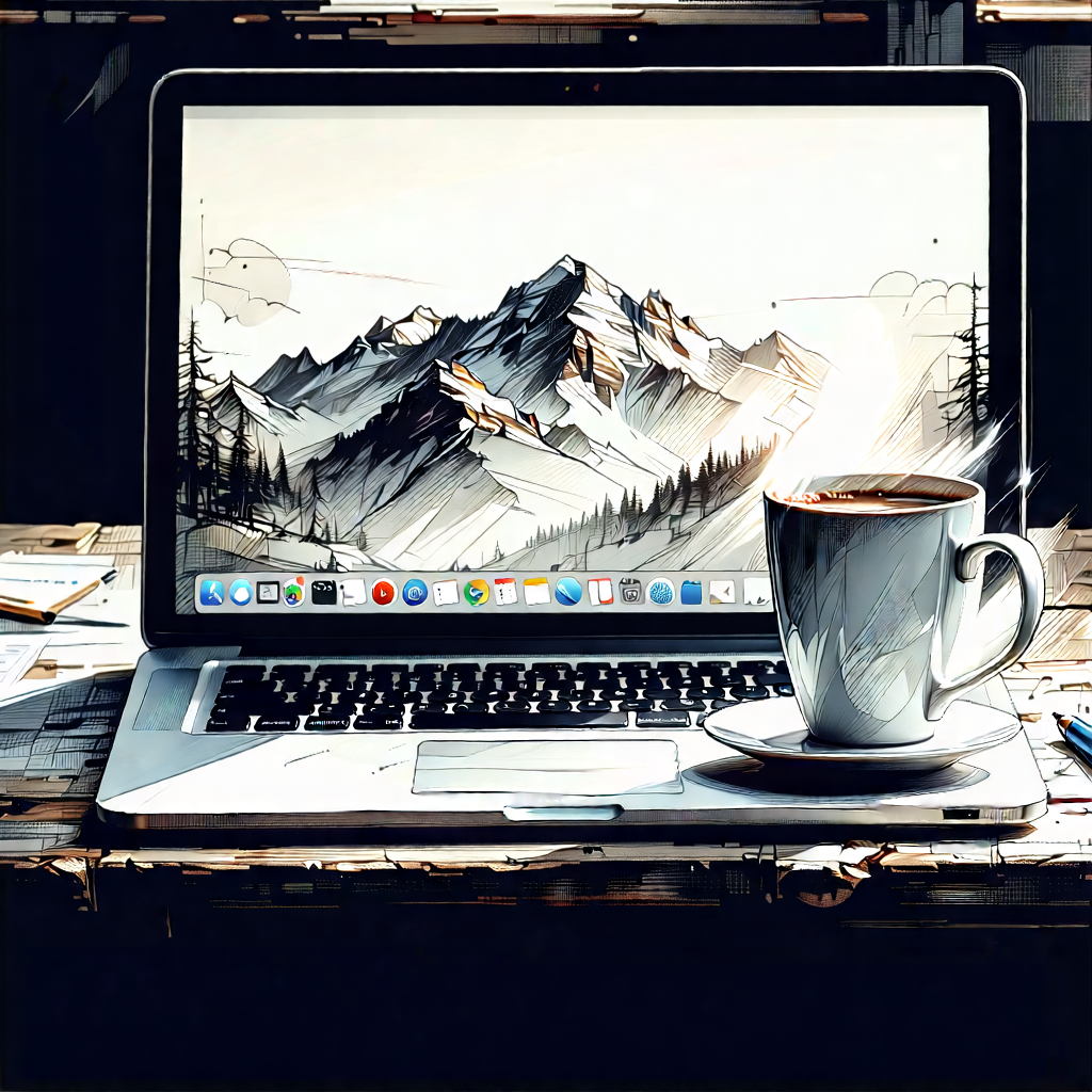 Business Etching: Workplace With Laptop And Coffee On Desk With Laptop Computer