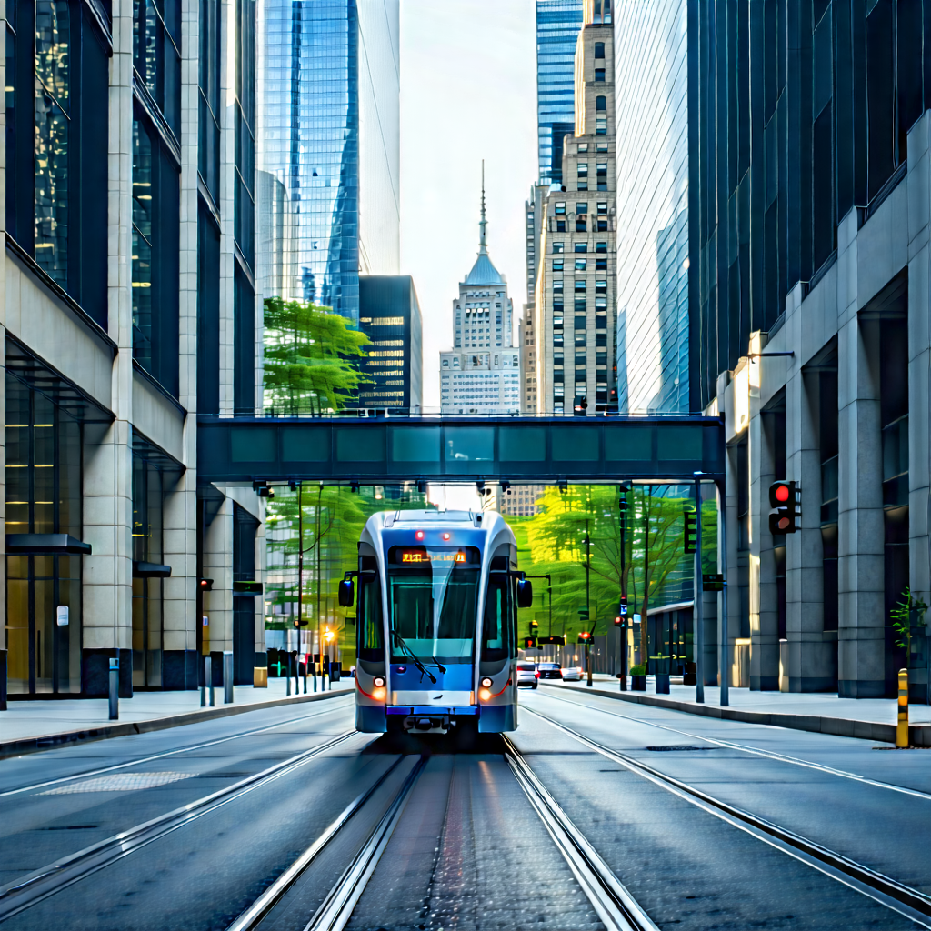 Urban Commercial Photography: City Bus In Financial District With Blue White