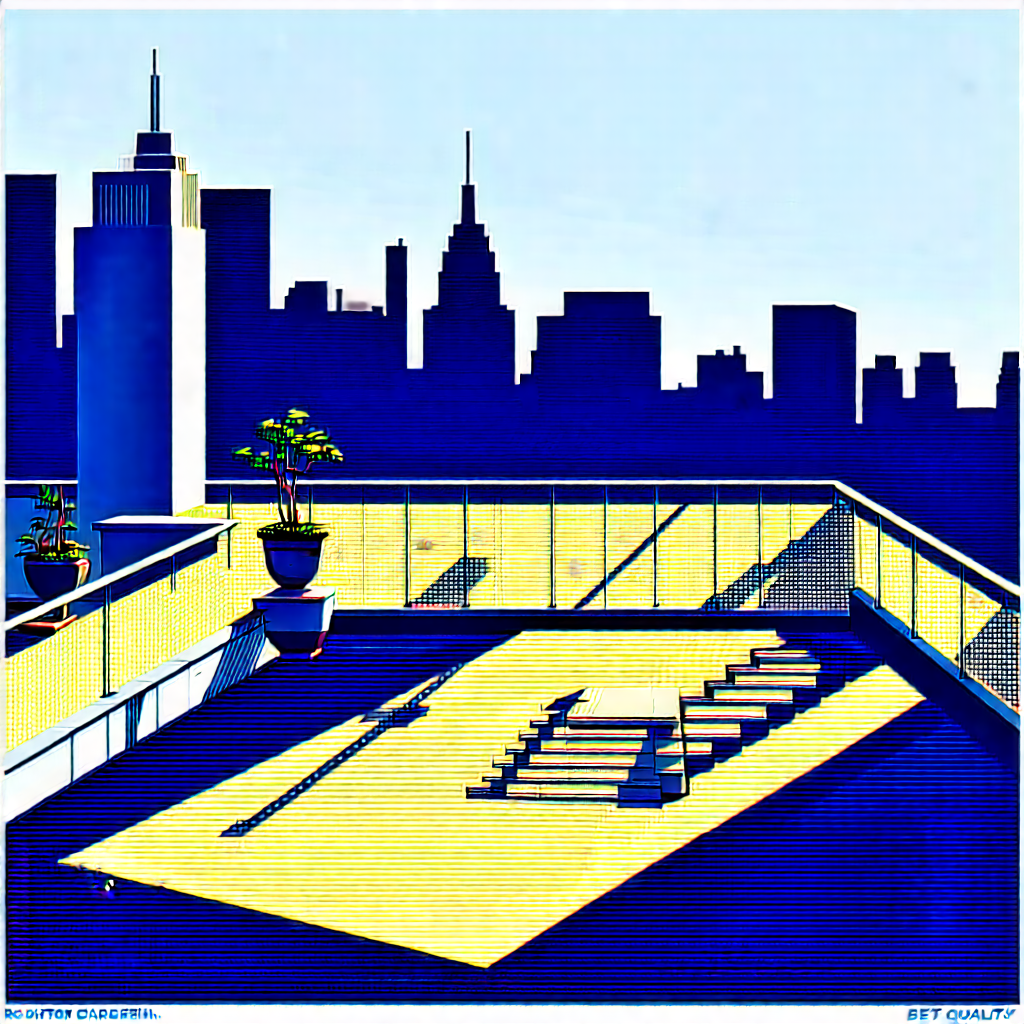 Urban Linocut Print: Rooftop Garden With Sightseeing With Painting Cityscape