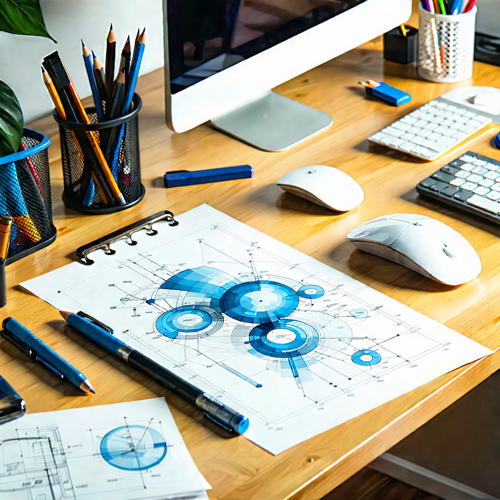 Business Technical Illustration: Workplace with productivity tools on desk