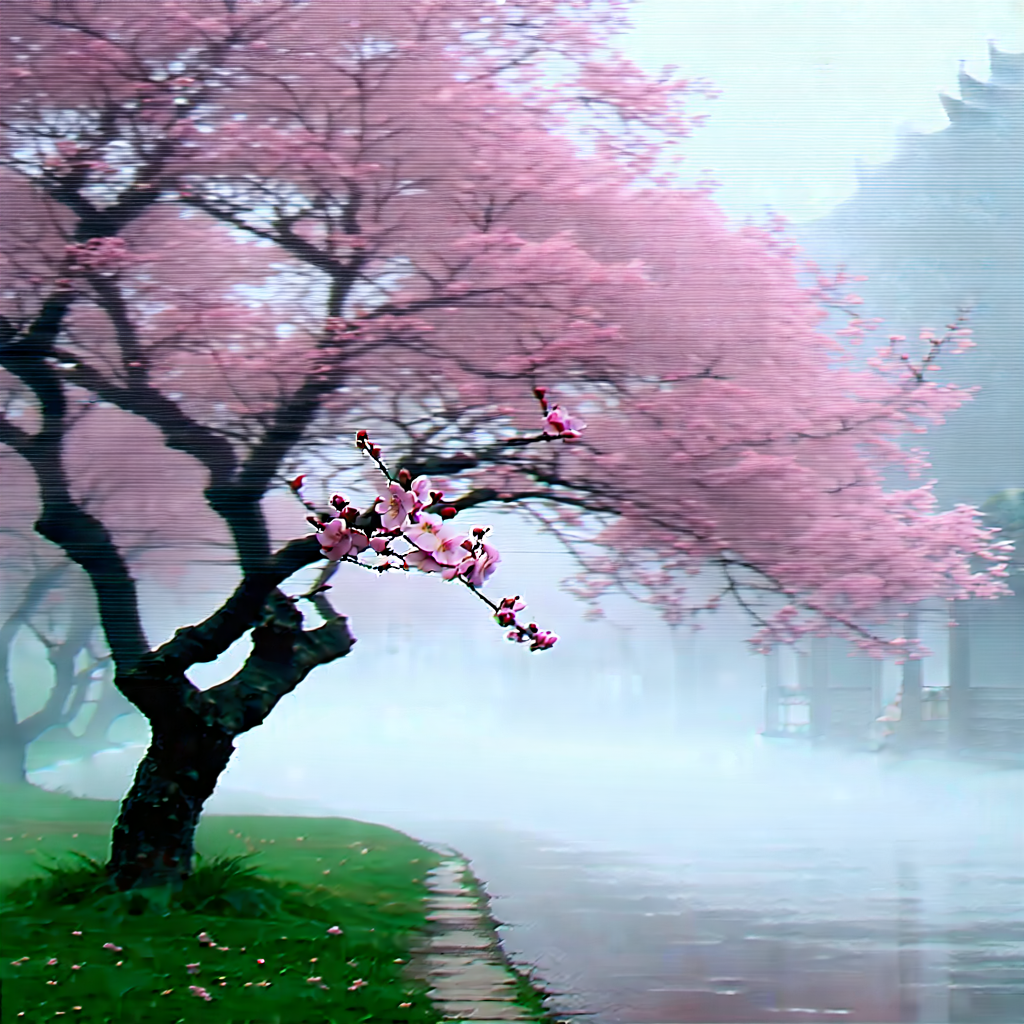 Nature Aerial Photography: Cherry Blossoms In Misty Environment With Tree Pink