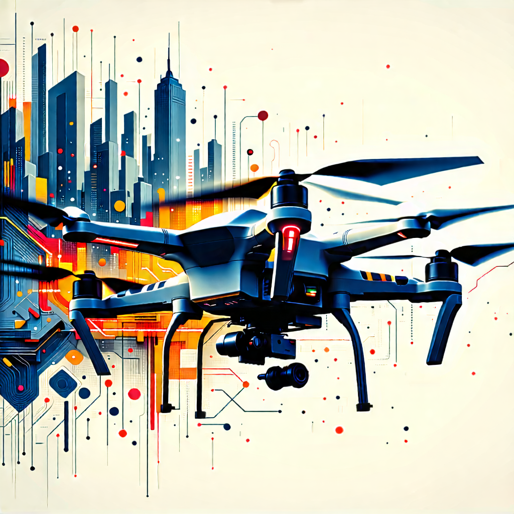 Tech Woodcut Print: Drone With Data Visualization With Large, Colorful