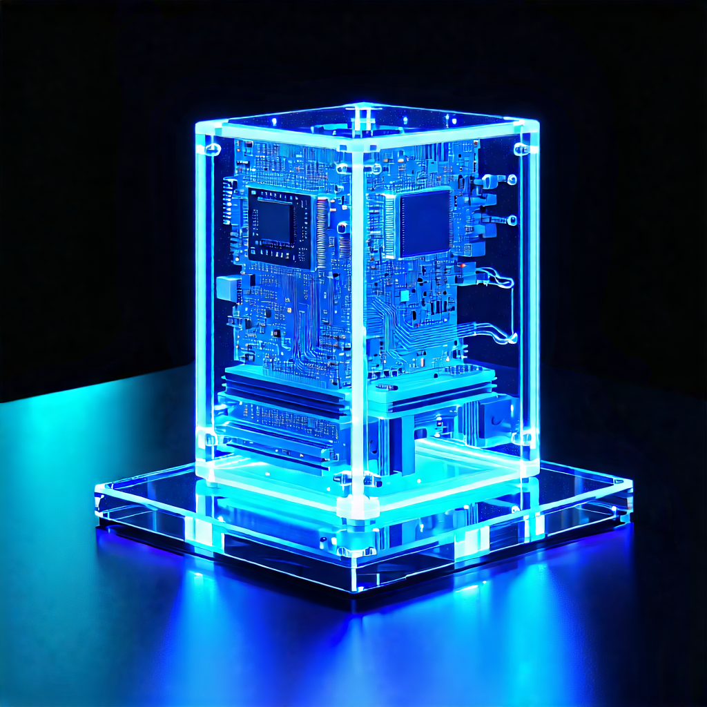 Tech Acrylic Painting: Quantum Computer With Neon Accents With Blue Circuit