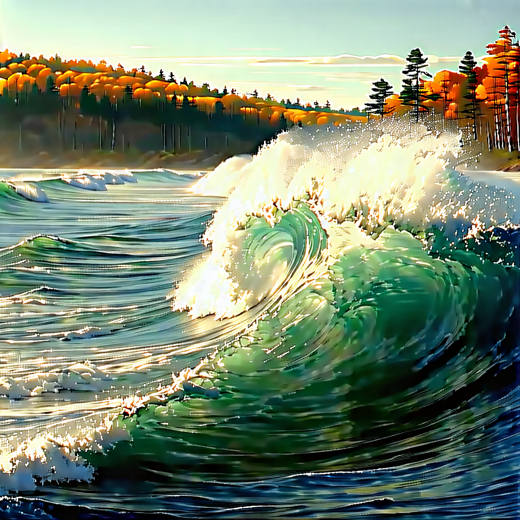 Nature Advertising Photography: (ocean:1.28) Waves Surrounded By Autumn Trees With Large Wave