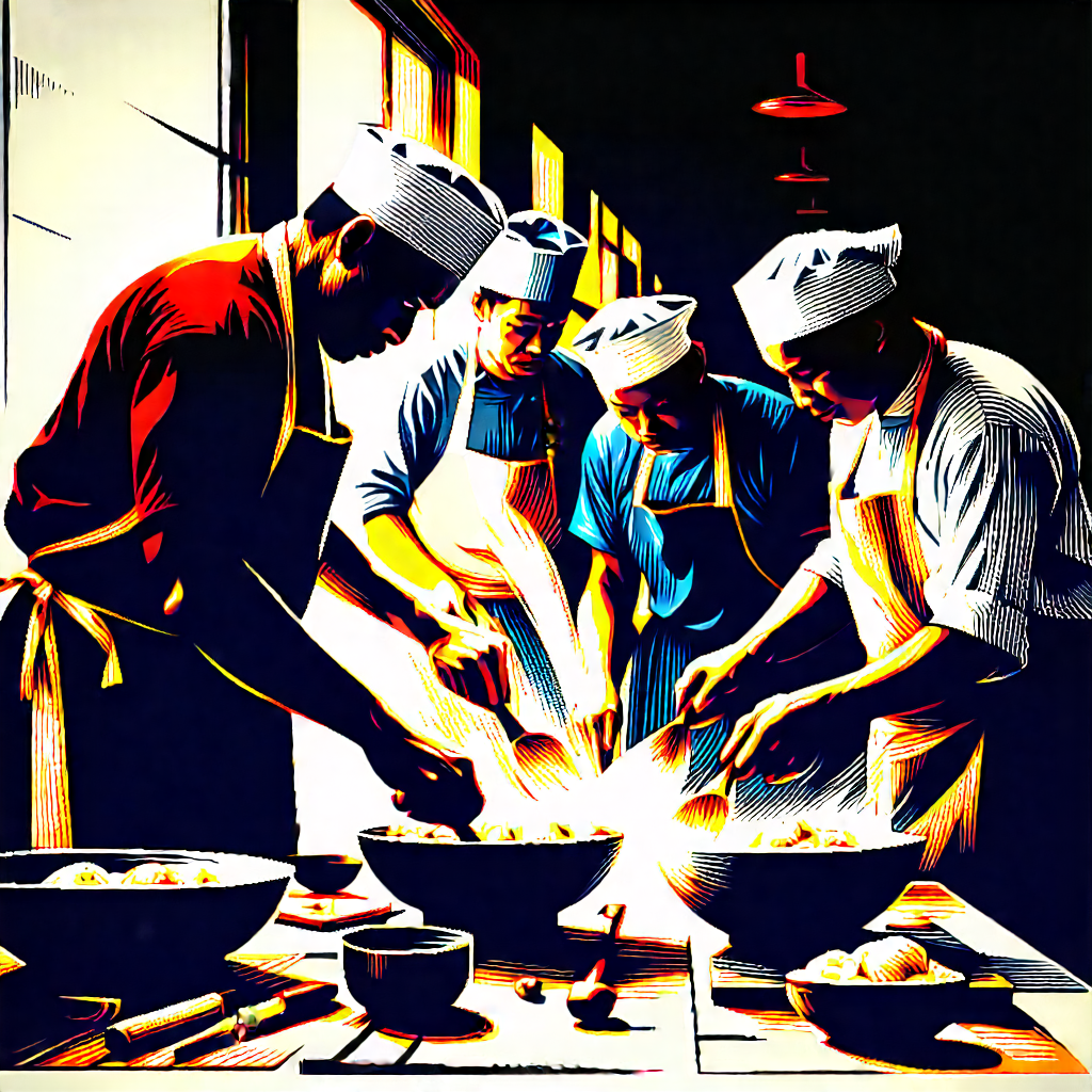 Lifestyle Woodcut Print: Cooking Class With Community Group With Image, There