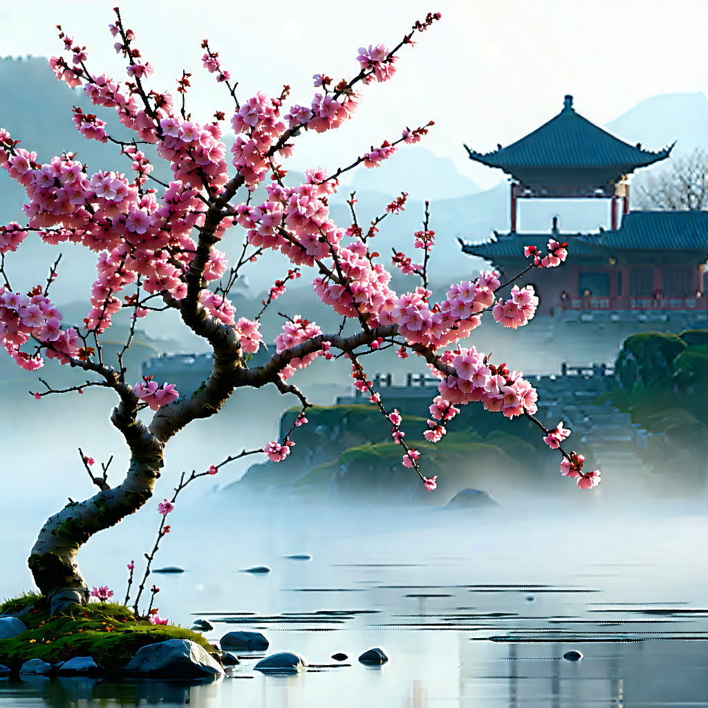Nature Octane Render: Cherry Blossoms In Misty Environment With Beautiful Tree