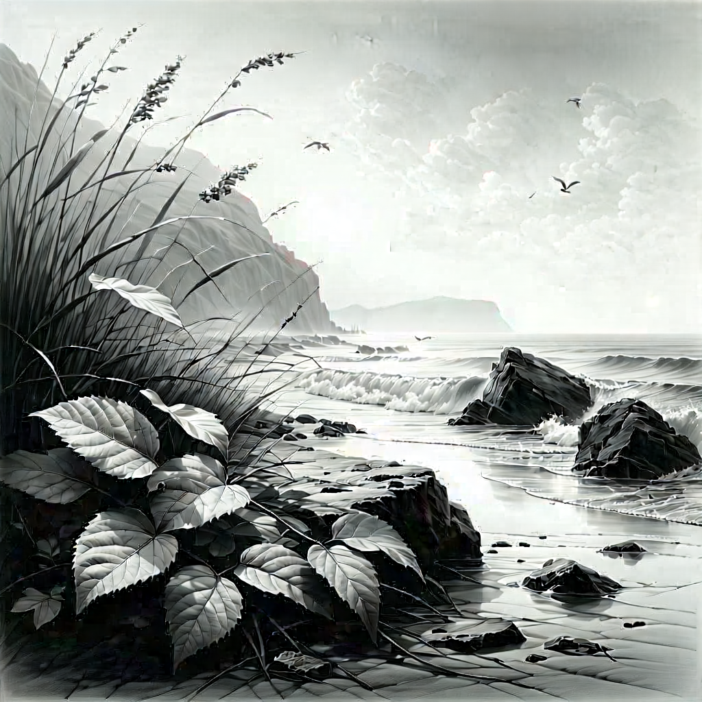 Nature Charcoal Drawing: Autumn Leaves In Coastal Environment With Serene Beach