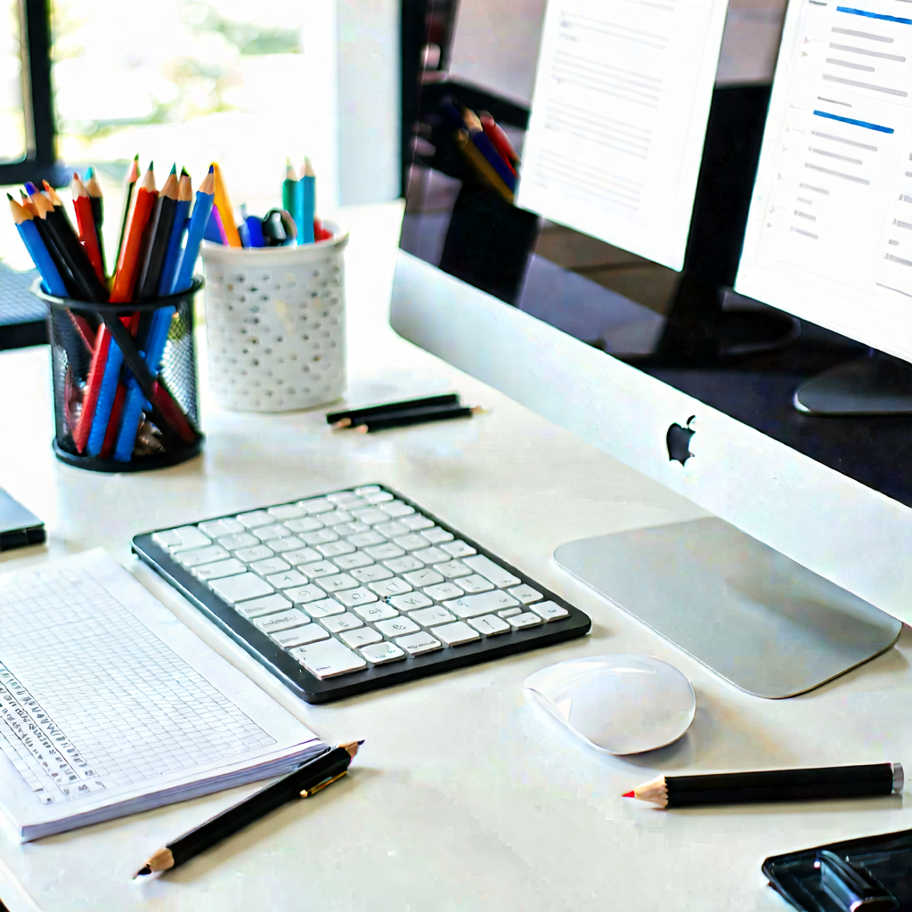 Business Lithograph: Workplace with modern office supplies on desk