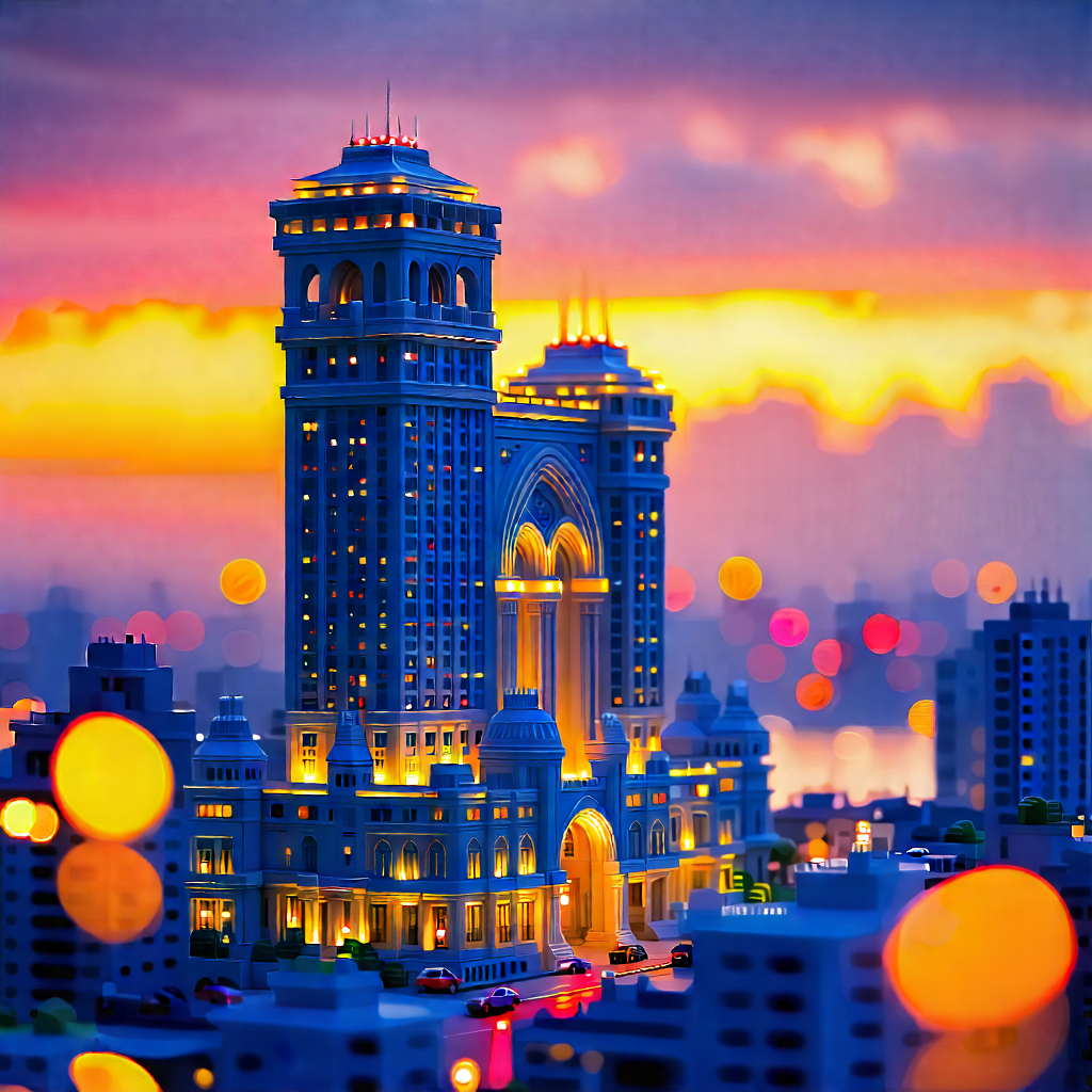 Urban Acrylic Painting: Famous (building:1.31) With Sunset (glow:1.46) With Model Large