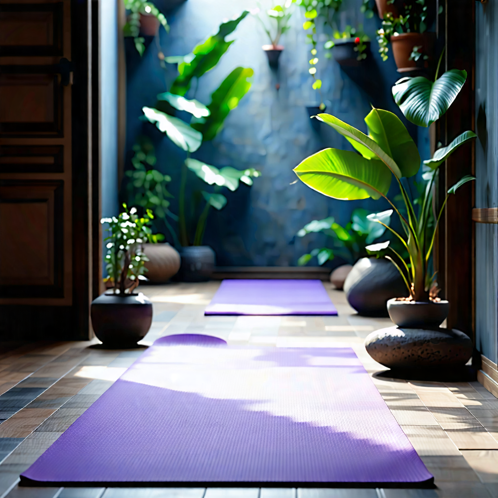 Lifestyle Architectural Photography: Wellness Scene With Yoga Mat And Plants With Purple Yoga