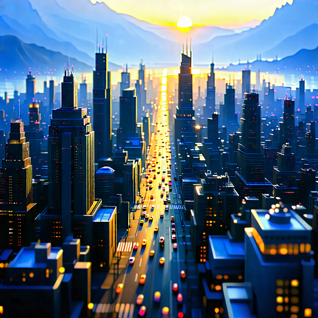 Urban Lithograph: Cityscape Of Modern Metropolis During Sunrise With Colorful, Computer-generated