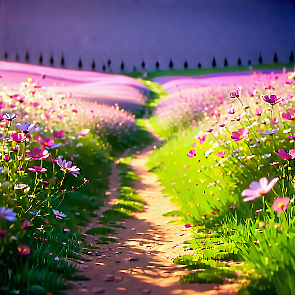Nature Octane Render: Path Through Flowering Meadow With Beautiful, Colorful