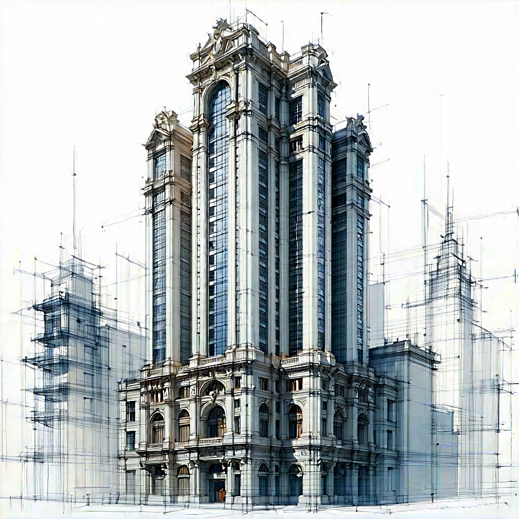 Urban Pencil Sketch: Skyscraper With Ornate Details With Drawing Large