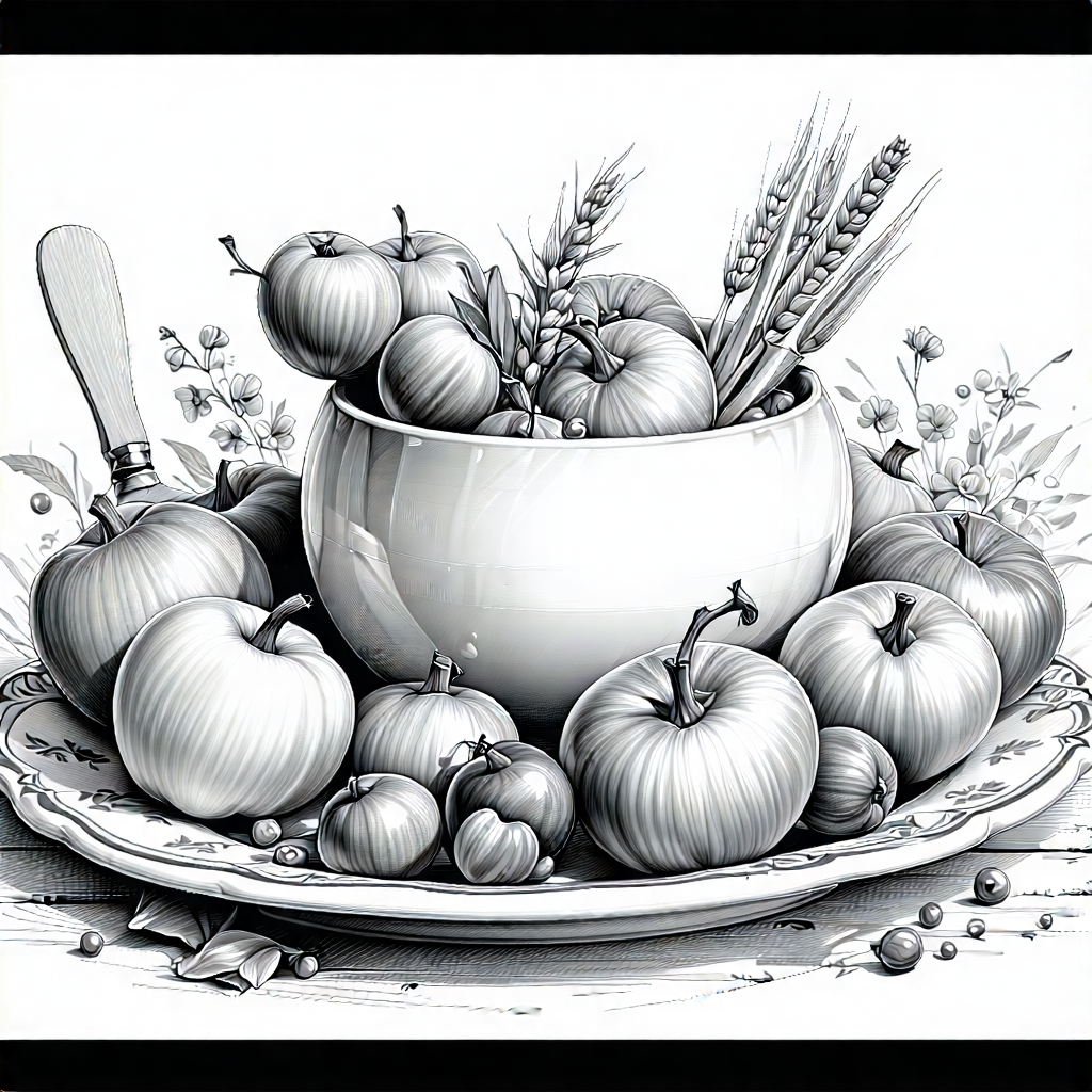 Lifestyle Ink Drawing: Farm-to-table Meal Prepared With Artistic Presentation With White Bowl