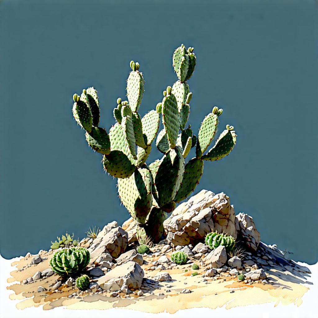 Nature Gouache Painting: Cactus In Rocky Terrain With Image, There