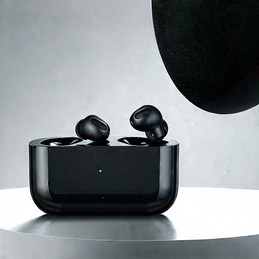 Tech Flat Design: Wireless Earbuds With User Interface With Black Pair