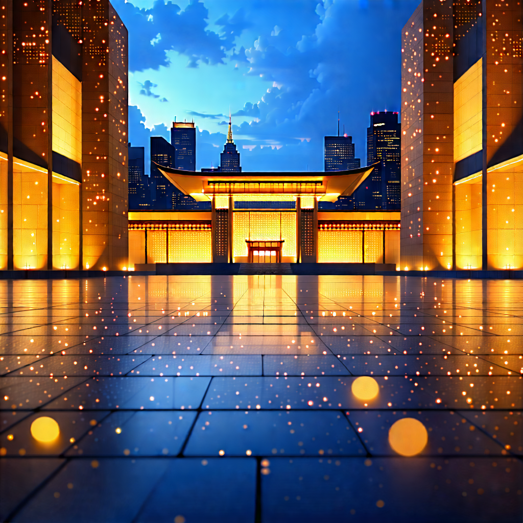 Urban Geometric Design: Cultural Center With (city:1.2) Lights With Large, Illuminated