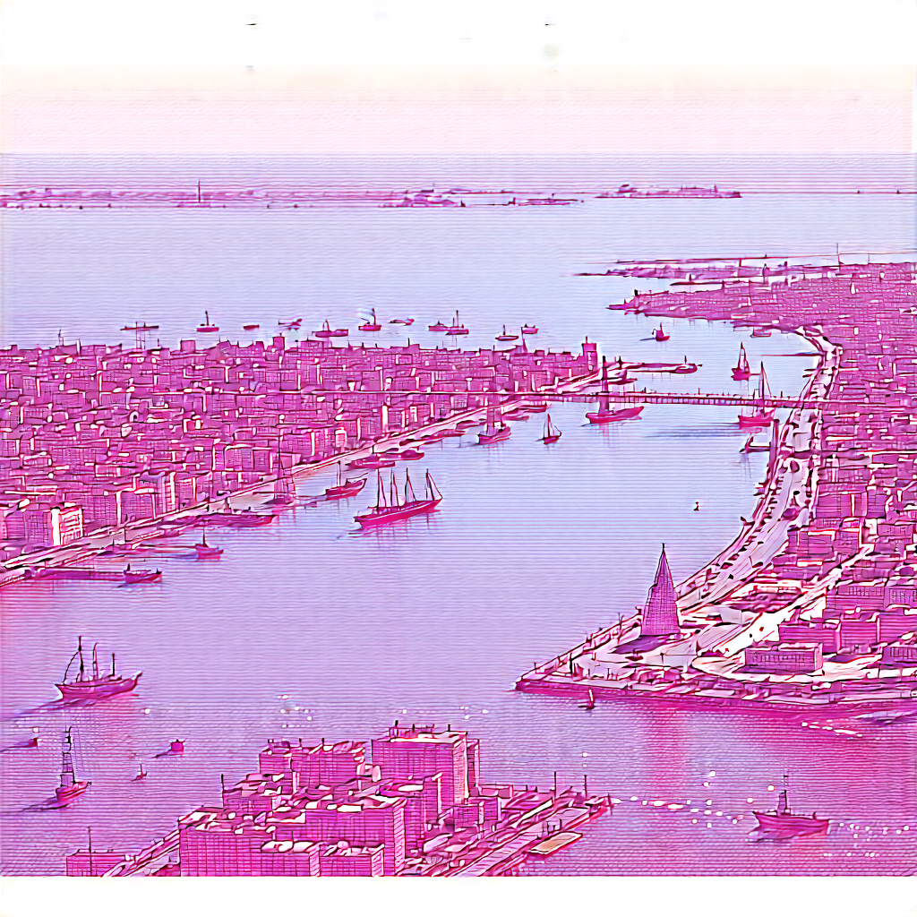 Urban Ink Drawing: Aerial view of harbor district