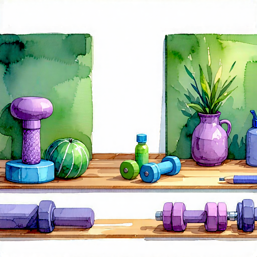 Lifestyle Watercolor Painting: Wellness Scene With Fitness Equipment With Wooden Shelf