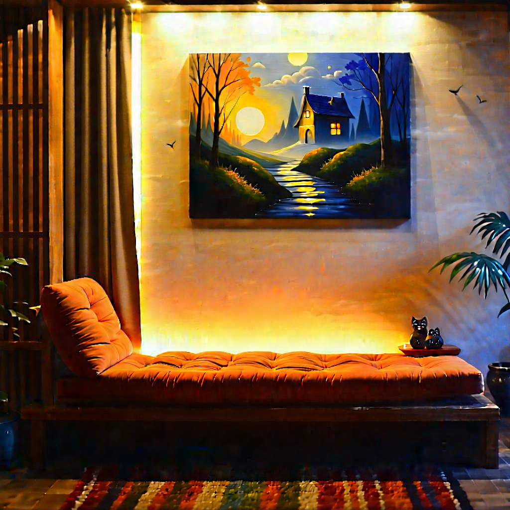 Lifestyle Acrylic Painting: Reading nook with warm lighting