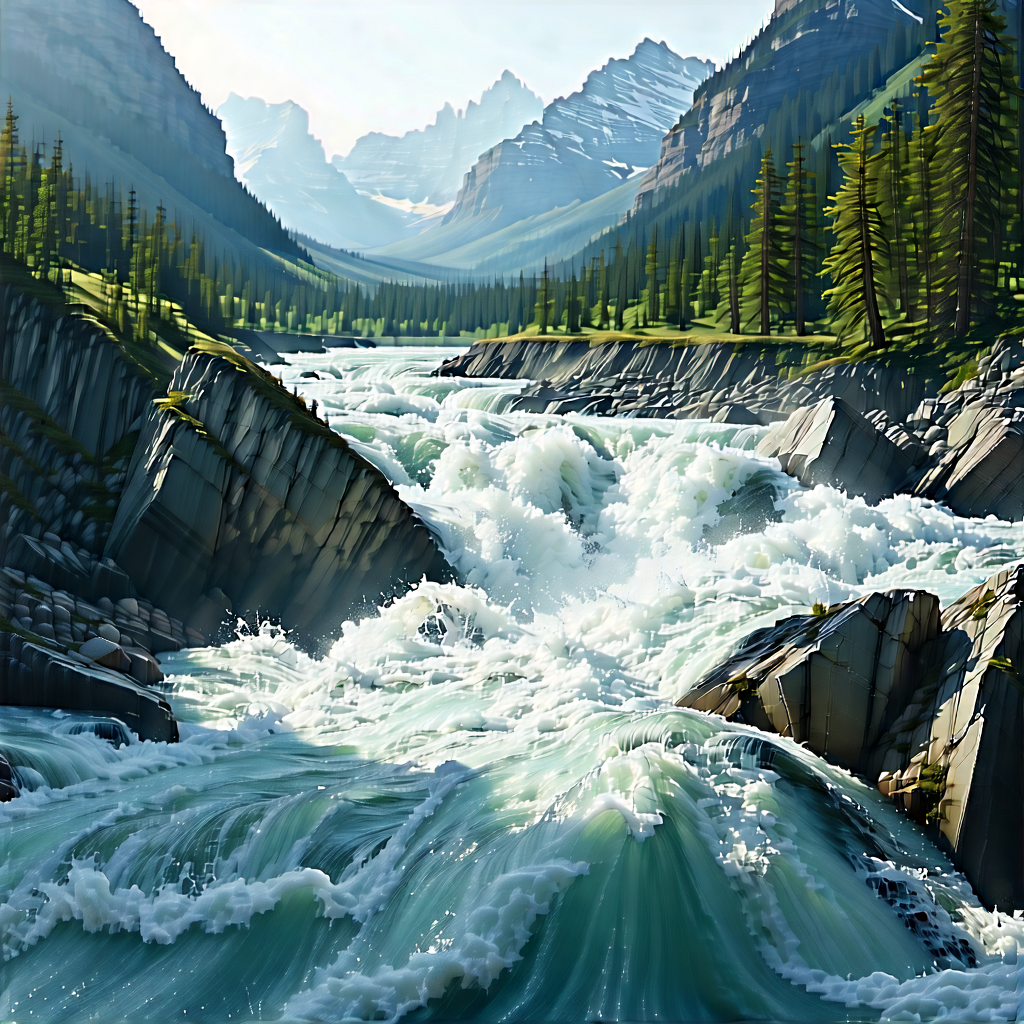 Nature Editorial Photography: Rushing River Surrounded By Mountain Peaks With Large River