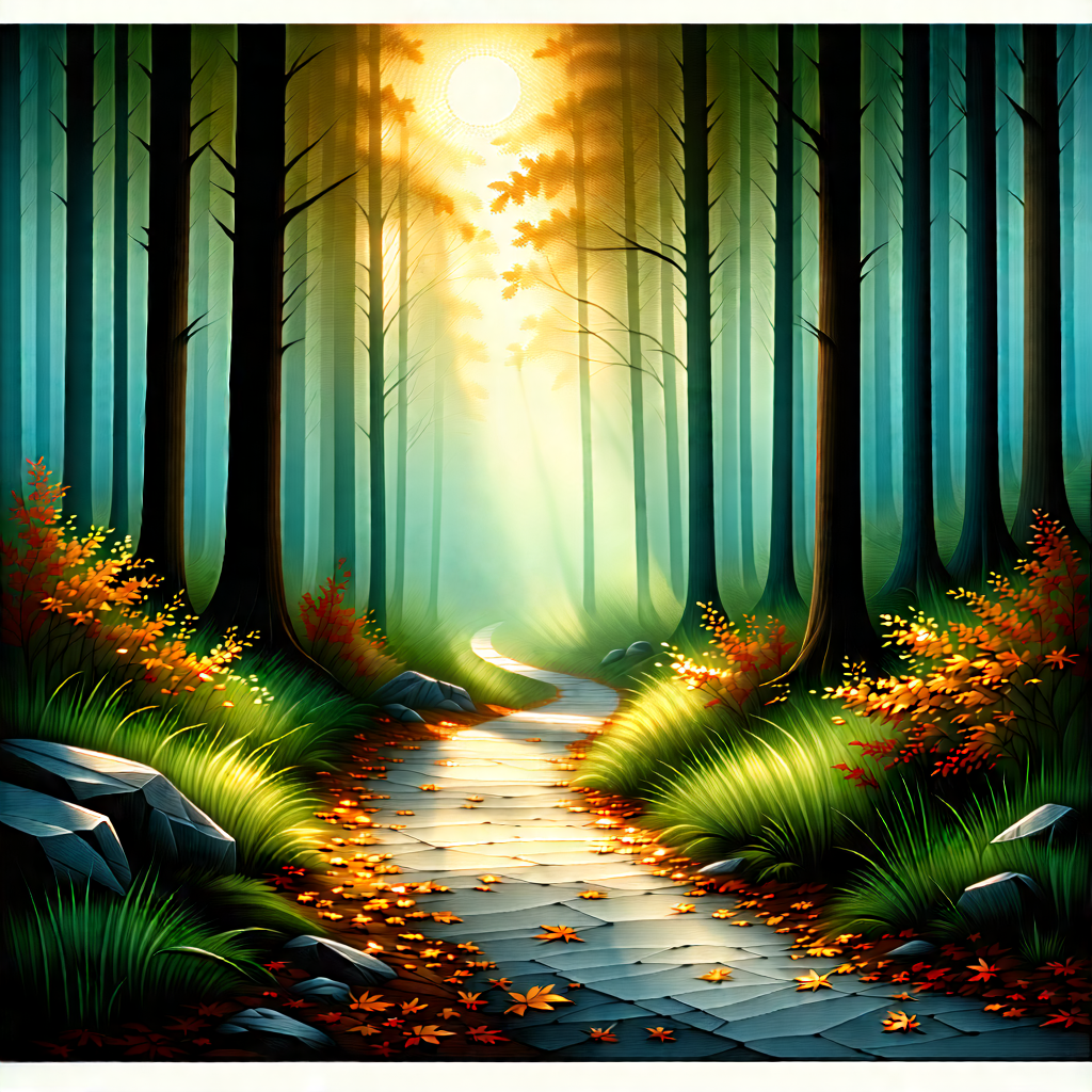 Nature Woodcut Print: Path Through Autumn Woodland With Serene Forest