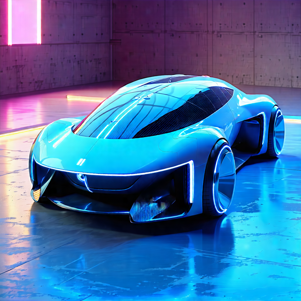Tech Acrylic Painting: Innovative Electric Vehicle Design With Futuristic Blue