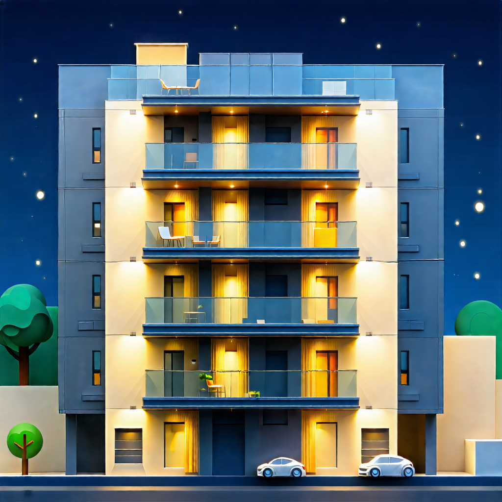 Urban Digital Illustration: Modern Apartment Complex With Artistic Facade With Large Building