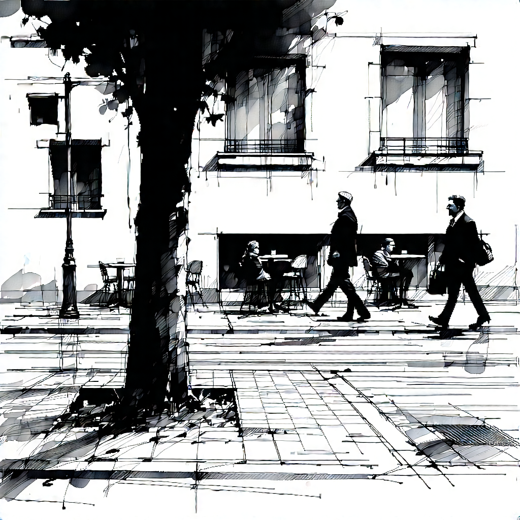 Urban Ink Drawing: Urban street with outdoor seating