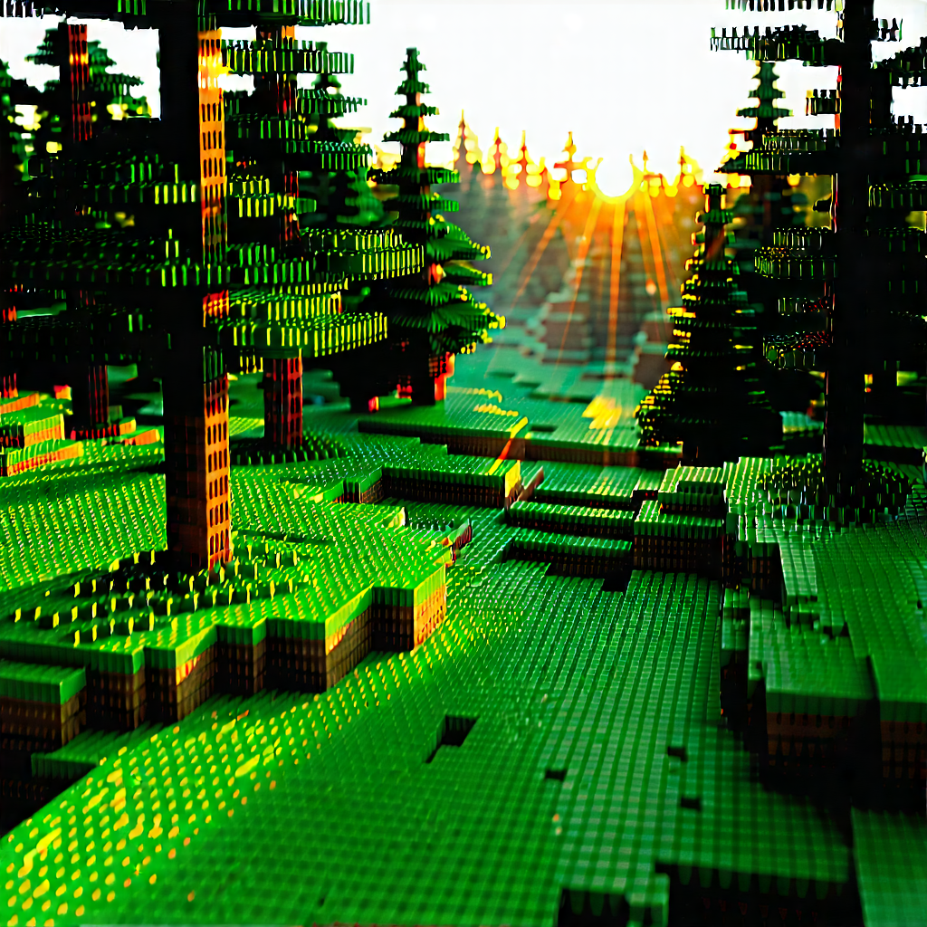 Nature Voxel Art: Forest scene during sunrise