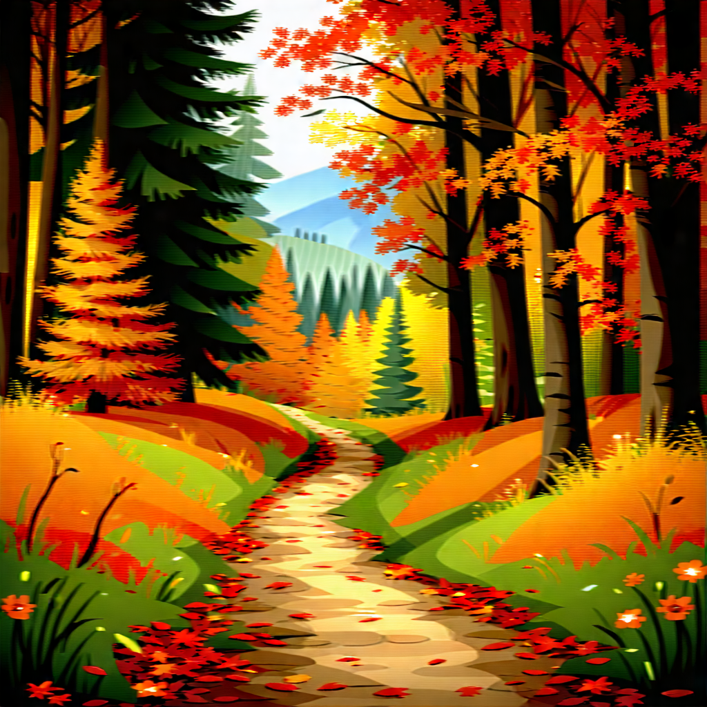 Nature Digital Illustration: Path Through Autumn Woodland With Beautiful Forest
