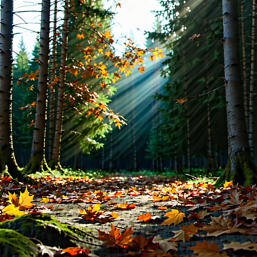 Nature Drone Photography: Autumn Leaves In Sunlit Clearing With Forest Pathway