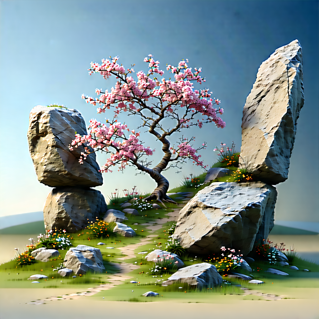 Nature Digital Illustration: Rock Formation In Spring Bloom With Beautifully Drawn