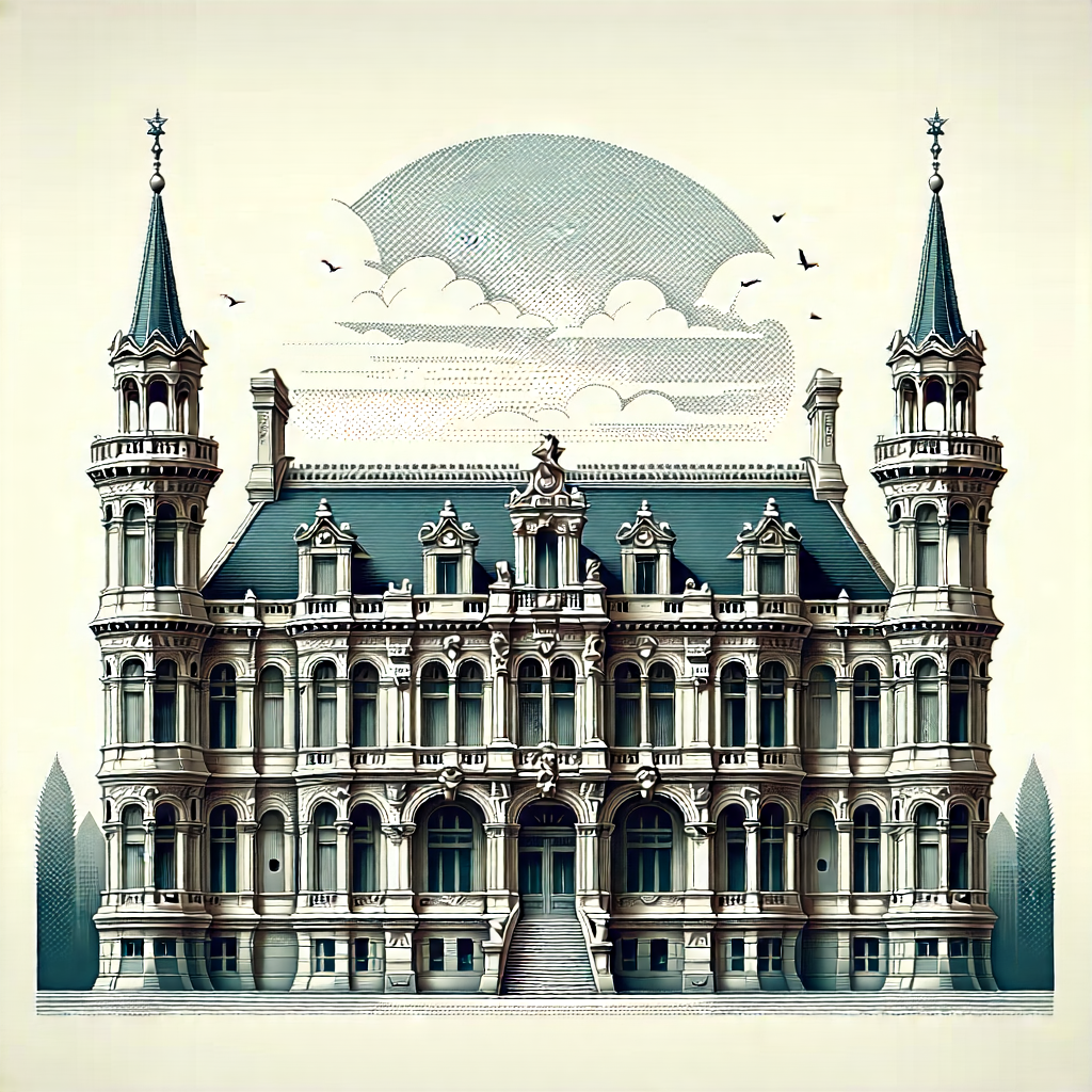Urban Linocut Print: Historic Building With Ornate Details With Black White