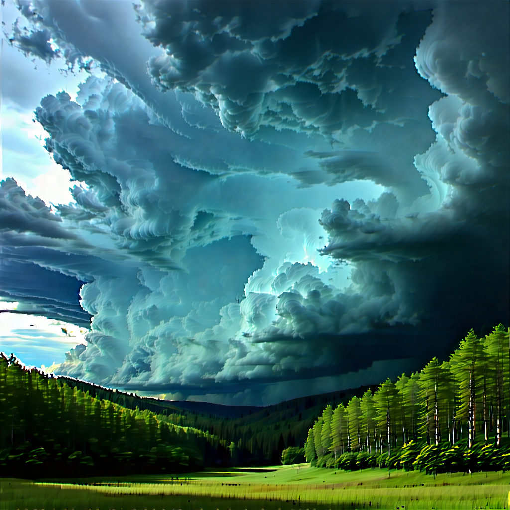 Nature Geometric Design: Storm (clouds:1.38) Over Forest Clearing With Lush Green