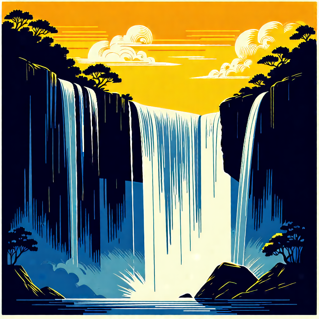 Nature Linocut Print: Waterfall In Rainy Season With Painting Waterfall,